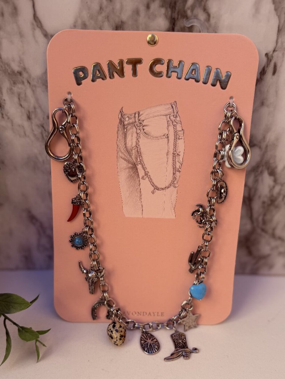 Avondale Western Charm Pant Chain Silver Tone Cowboy Boot Heart Star Blue